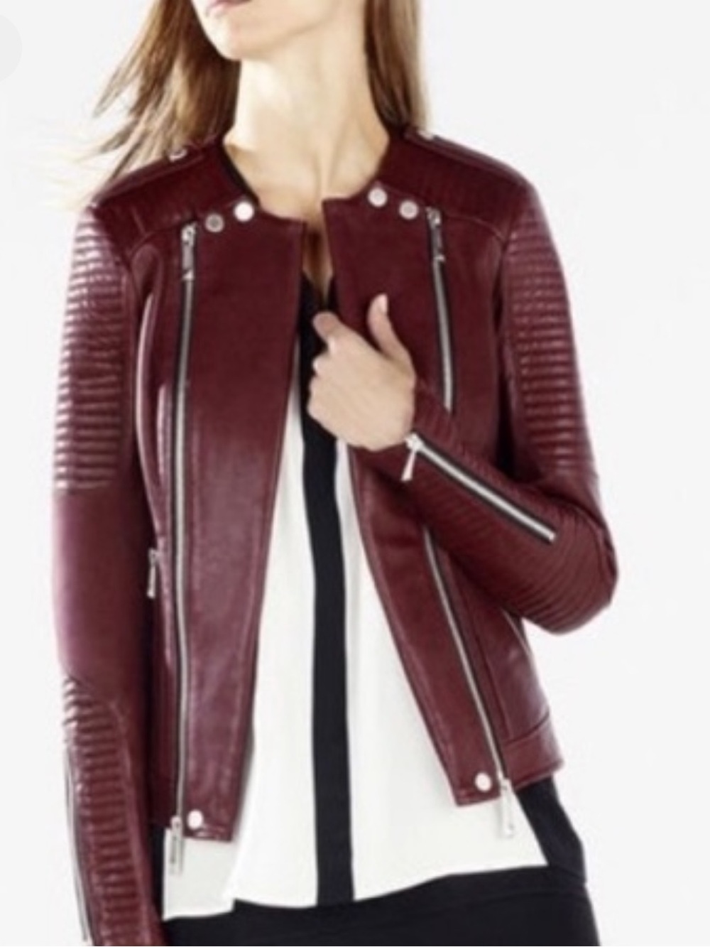BCBG Max Azria Burgundy Leather Moto Jacket Size S